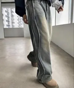 サイドライン入りグレー デニムパンツ