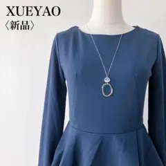 【新品】タグ付き　XUE YAO　パイピングペプラムひざ丈ワンピースネイビー