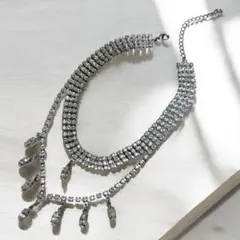 エレガント シルバーネックレス ダブルストランド　ラインストーン