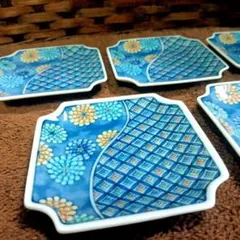 未使用品　有田焼　白峯窯　色絵七宝紋　角皿／小皿　5枚セット