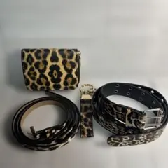 ４点ヒョウ柄 セット合成皮革ベルト キーリング付き