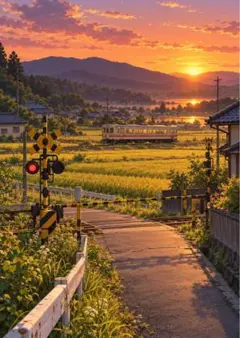 【イラスト】夕暮れの踏切と田園風景 アートポスター