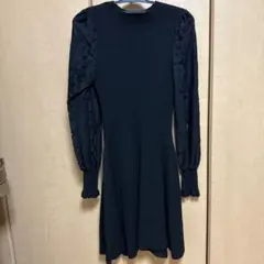 DHOLIC ブラック レース袖 ニットフレアワンピース