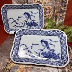 【これからの季節に】 橘吉 染付 青華水鳥 長角皿 ペア 焼き物皿 角皿 平向