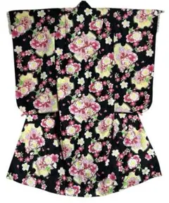 四つ身着物・長襦袢セット　七五三　7歳向けサイズ　黒×花柄