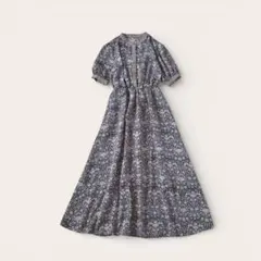 ワンピース ロング丈 ボタニカル 総柄 モックネック ウエスト切り替え フレア