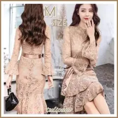 膝丈レース フォーマル ドレス ワンピース ブラウンベージュ 結婚式  M