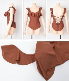 レディース ワンピース水着 ブラウン フリル レースアップ SEA DRESSのサムネイル