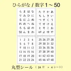 丸型シール【ひらがな/数字1〜50】96枚（24枚 × 4シート）