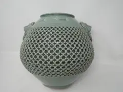 網目透かし彫り壺　鶴　獅子　東泉　-SO