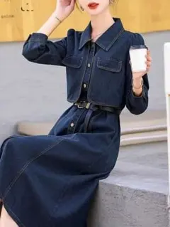 ＊フロントボタン重ね着風デニムワンピース＊