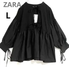 新品★ZARA/ザラ　切替ギャザーチュニック　バルーンスリーブ リボン　黒　L