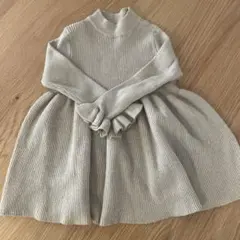 韓国子供服　アイボリー リブ編み ハイネック ニットワンピース