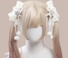 ゆ*ゆ様 ホワイトリボンヘッドドレス2個セットヘアピンヘアクリップ雪ポンポンロリ