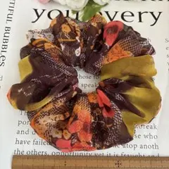 ハンドメイドシュシュ☆ブラウン黄マカロンピンク花柄