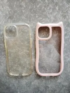 iPhone15用ケースiFace クリア&猫型ピンク2点セット