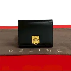 極 美品 セリーヌ ロゴ リング金具 レザー 二つ折り財布 ミニ ウォレット 黒