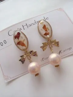 ハンドメイド リボンパールイヤリングセット