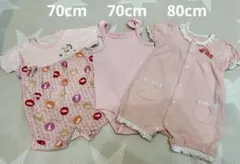 【最安値】夏半袖ロンパース　3点セット　女の子ピンク色　70〜80cm