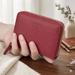 天然本革　財布 ミニ 折りたたみ カード入れ スキミング防止 ワイン色 小型