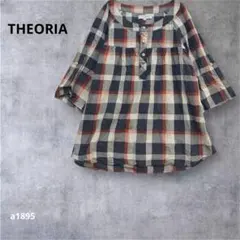 【テオリア】七分袖 シャツ　チュニック　チェック　バンドカラー　ネイビーM
