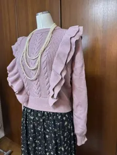 INGNIフリル付きケーブル編みニット ピンク