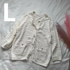値下げ！美品　GU カーディガン　白　L ゴールド　ノーカラー　ジャケット