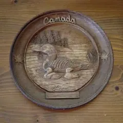 ヴィンテージ カナダ カルガモの親子木製プレート 約18cm