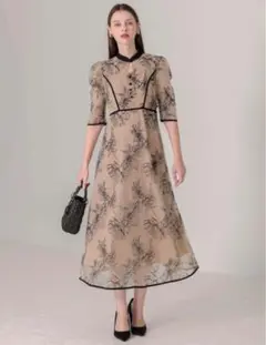 Leja 配色パイピングプチハイネック花柄刺繍ラメレースロング丈　ベージュ　S