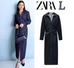 ZARA 美シルエット♪ サイドギャザー デニム ワンピース L ラスト1点♪