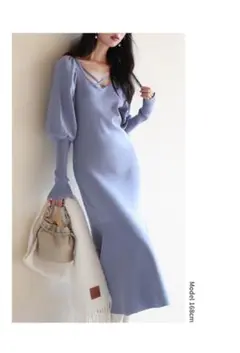 【新品】セゾンドパピヨン ニットワンピース(くすみブルー)