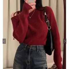GRL グレイル ワンショルダー リボン リブ ニット トップス タグ付 赤