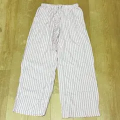 女性用 ピンクストライプ ドローストリング ワイドレッグ ロングパンツ 織物生地