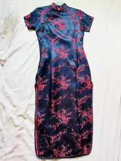 花柄刺繍チャイナドレス ブラック×レッド S