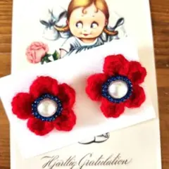 『パールキャッチ12㎜付き』　 赤い花ピアス　ミャクミャク　万博カラー　編み物