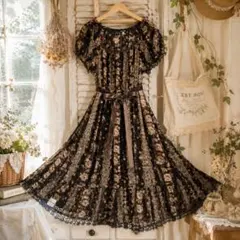 【新品タグ付】L'EST ROSE花柄レース ベルベットリボンワンピースM