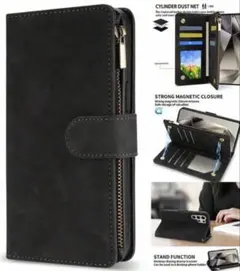 手帳型 スマホケース 黒 フェイクレザー　財布　iPhone12/12pro対応