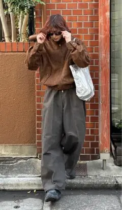 [希少]チャコール コットンロングワイドパンツ ハイウエスト