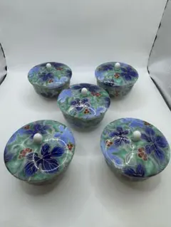 深川製磁　葡萄柄　蓋付き湯呑み　5客セット　グリーン　茶器　和食器