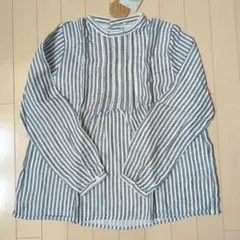 【タグ付】ストライプ スタンドカラー フリルブラウス　ふんわり　ゆったりサイズ