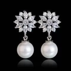 ピアス　ジルコン　花　パール 3A級　キュービック　ジルコニア　結婚式