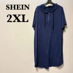 SHEIN 【2XL】フード付きネイビーシャツワンピース ゆったり　大きめ