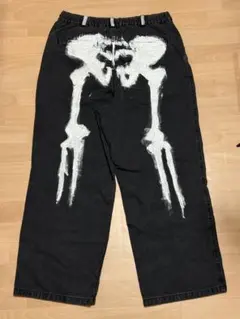 ペイント ハンドメイド　スケルトン　デニム　ブラック　ワイドパンツ