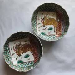 古伊万里 金彩色絵赤皿2客揃 アンティーク/伊万里焼 レトロ 明治