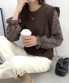 花柄袖切り替えプルオーバー ブラウン