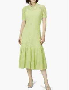 セルフォード 衿付き レース編み ニットワンピース 半袖 ライムイエロー 38