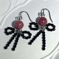 天然ロードナイト&ブラックスピネル ピアス No.42