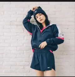 Reebok ハーフジップ フリース　フーディー パーカー ネイビー ピンク