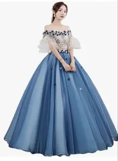 アッシュブルー オフショルダー パーティードレス M