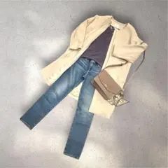 【美品】スピック＆スパン ノーカラーコート アイボリー　ウール混　キレイめ S